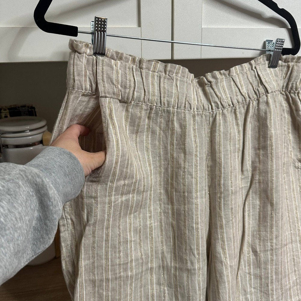 Magaschoni Linen Pants Womens L Pull On Striped Metallic Wide Leg Paperbag Waist - Picture 7 of 15
